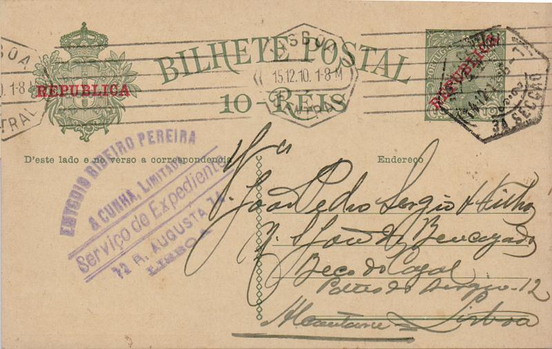 0377 v.jpg -     Lote:    377 (verso)                   Descrição:         1910 &mdash; D. Manuel II, com sobrecarga REPUBLICA. OM52, 10 reis verde. Circulado em Lisboa (15.12.10). Repicado no verso por EMYDIO RIBEIRO PEREIRA & CUNHA, LDA.        IC       Valor Base:     &euro; 15,00     Valor Venda:     &euro;      